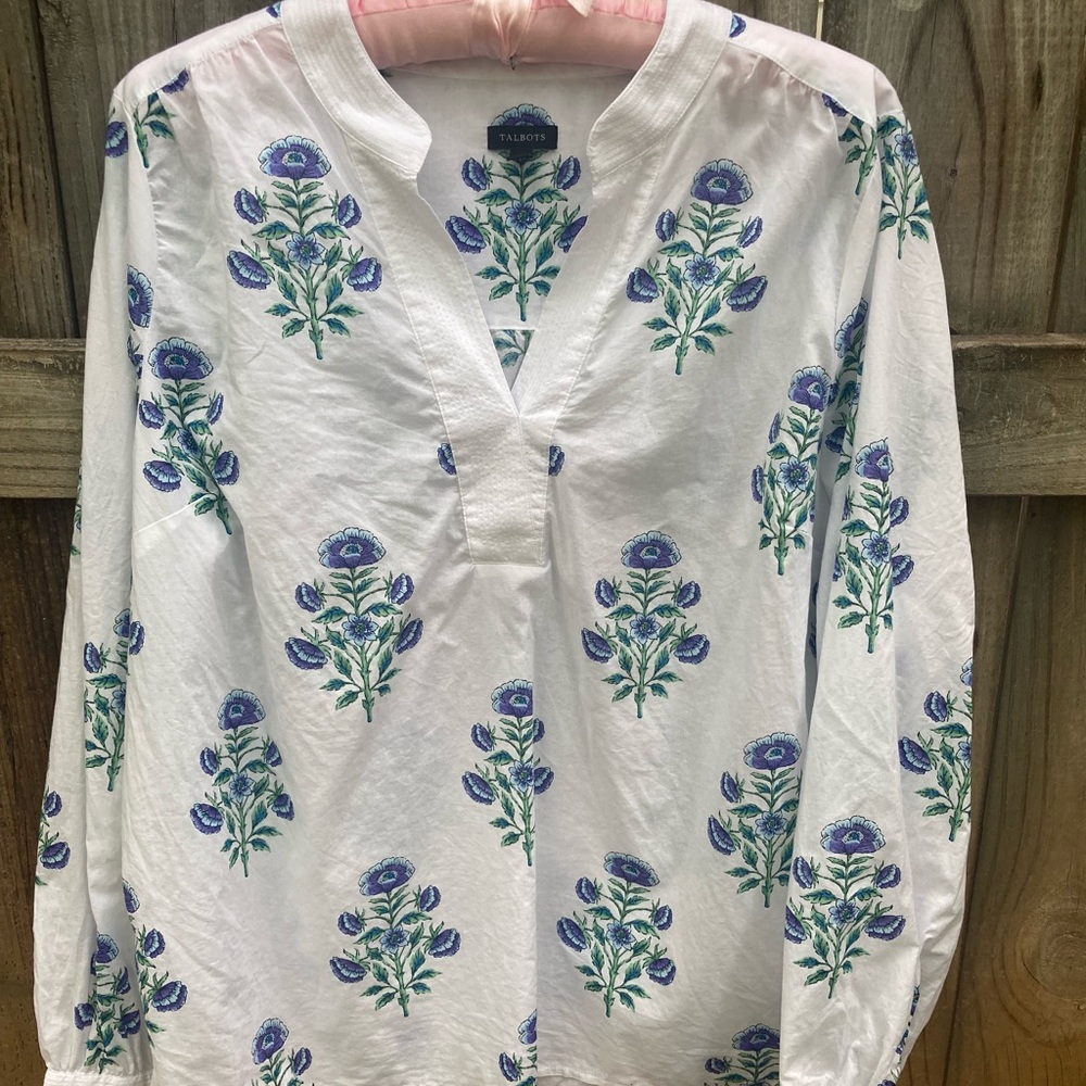 Talbots White Floral Print Split-Neck Blouse